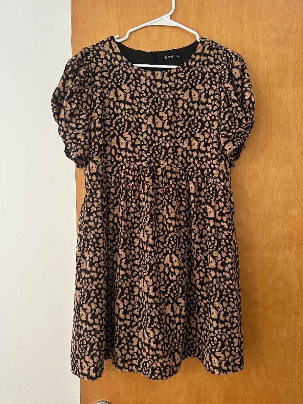 Very J Brown & Black Animal Print Puff Sleeve Babydoll Mini Dress S